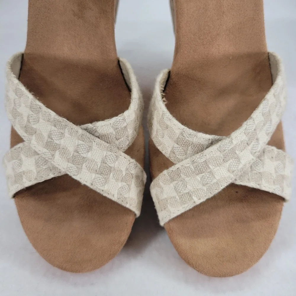 Toms Women Sz 9.5 Natural Woven Cork Platform Wedge Sandal Open Toe Strappy Shoe